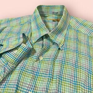 Paul Stuart Green Blue Check Linen Shirt Button Down Colorful Italy Easter VTG